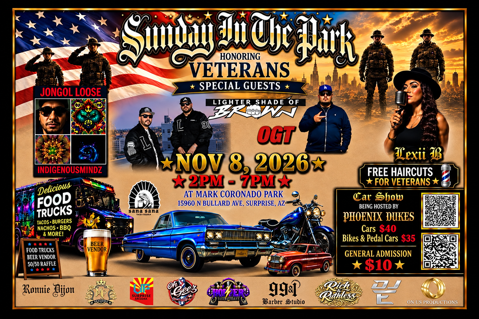 Sunday in the Park honoring veterans concert and car show flyer for November 8, 2026